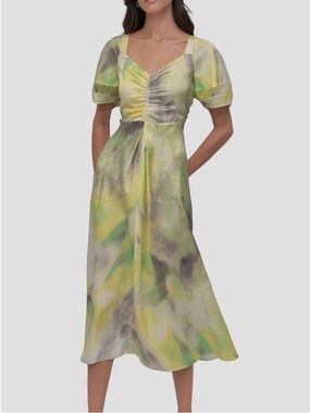 DKNY Printed Satin Midi Dress Watercolor Yellow Green Size Large NEW
